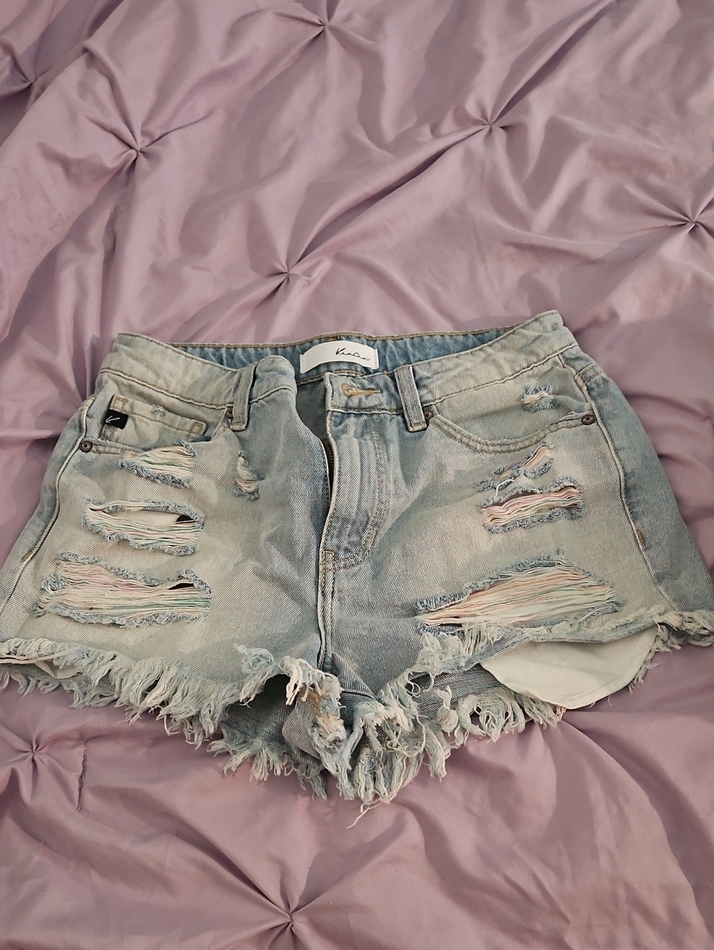 KanCan Light Blue Distressed Denim Cutoff Shorts with Pastel Underlay